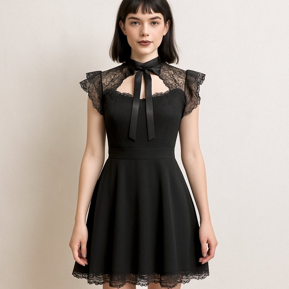 SOLD SOLD SOLD Gothic Whimsigoth Black Lace Dress with keyhole Neck Bow